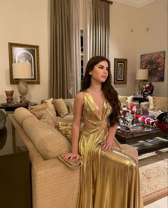 Gorgeous Gold Spaghetti Straps Deep V Party Evening Gown,A Line Prom Dress