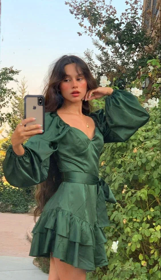 Green A-line Long Sleeves Homecoming Dress Green Casual Dress (ZD12688)