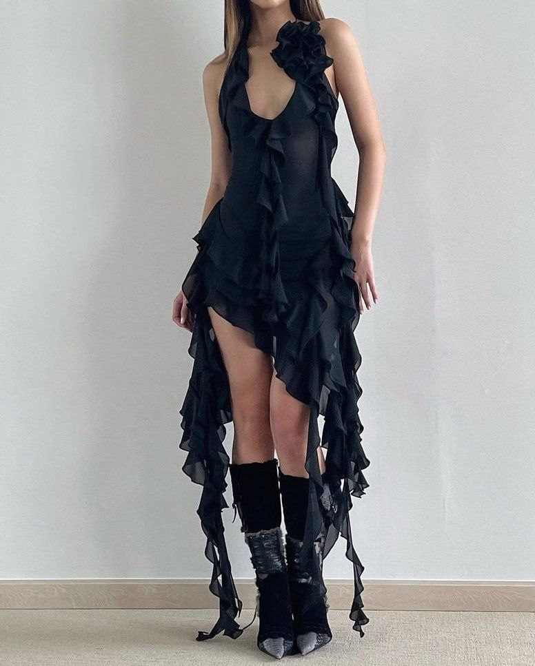 Sexy Hot Pink Halter Chiffon Ruffles Long Birthday Party Dress Formal Prom Dress - View 3 | VelvetHem