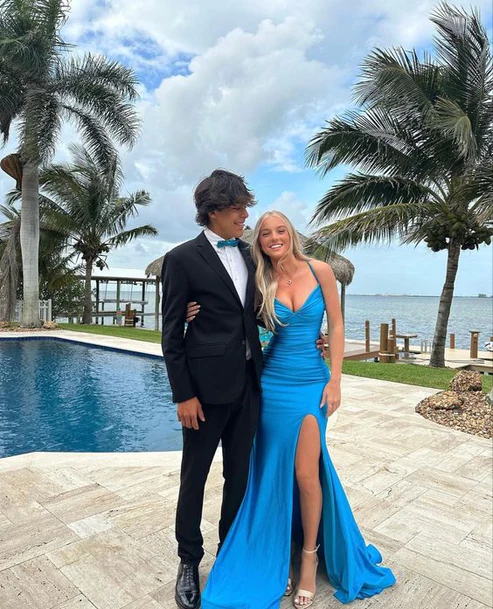 Elegant Blue V Neck Prom Dress With Split,Blue Formal Dress - View 2 | VelvetHem