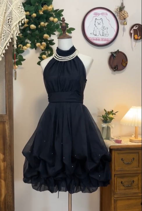 Simple Black Halter Tulle A Line 7th Grade Homecoming Dress Cocktail Dress