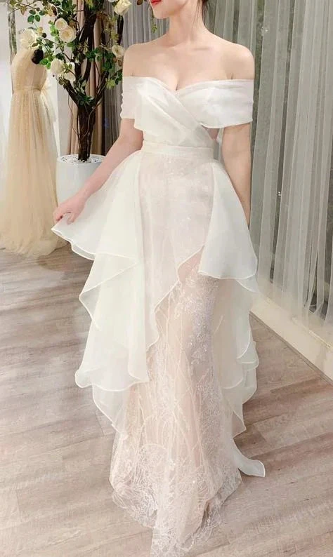 Off The Shoulder White Wedding Dress,White Tulle Bridal Dress Y2081 by simplepromdress
