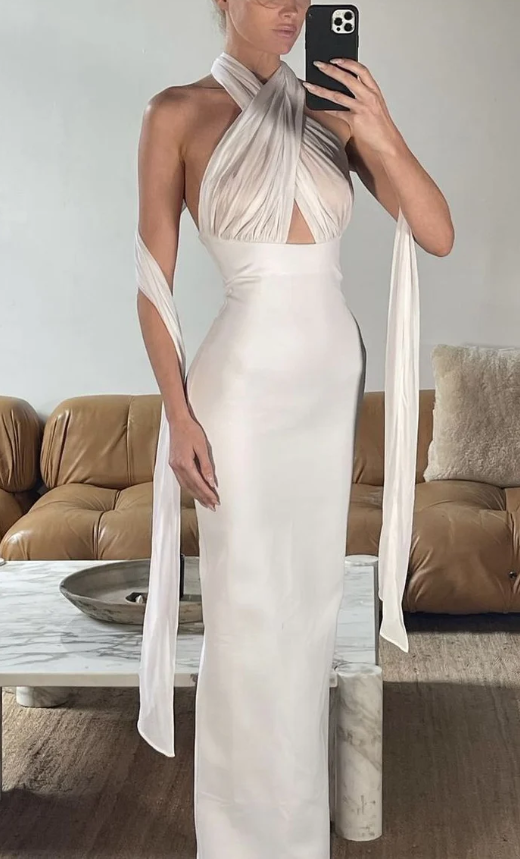 Sexy Halter White Sheath Long Prom Dress Party Dress - VelvetHem