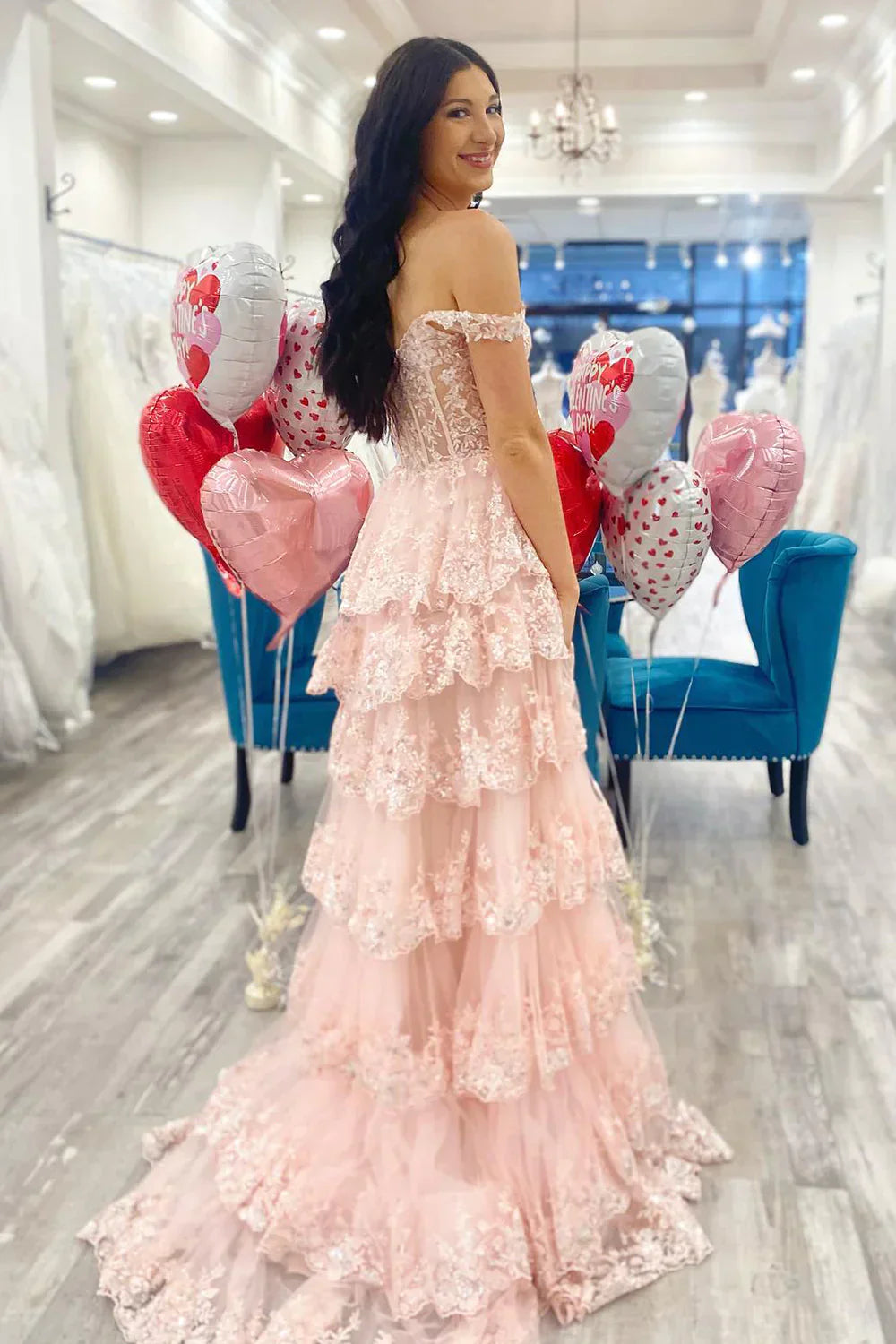 Sparkly Hot Pink A-Line Off The Shoulder Long Tiered Prom Dress With  Appliques
