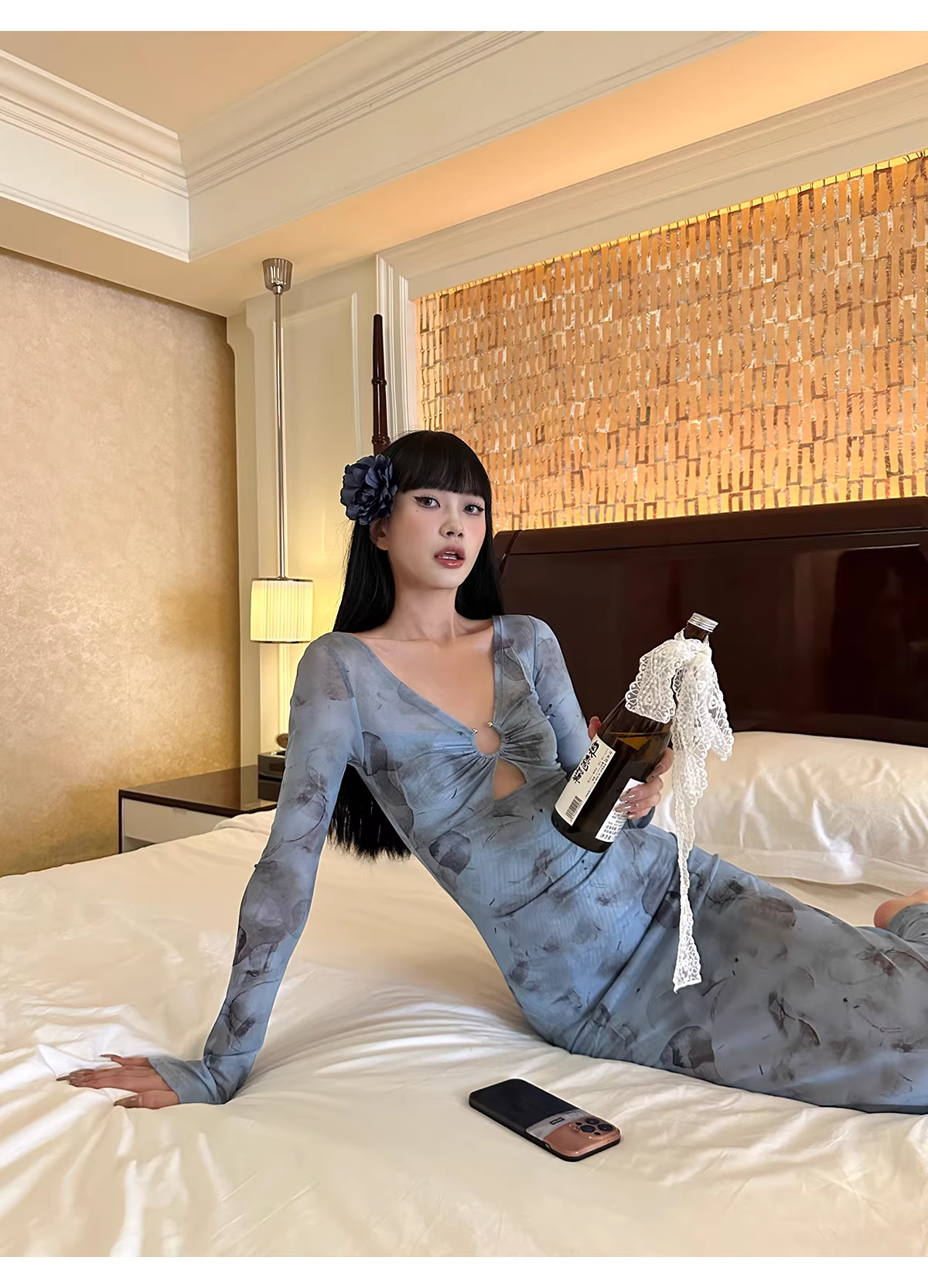 Charming V Neck Blue Lace Sheath Long Evening Dress Formal Wedding Guest Dress - View 8 | VelvetHem