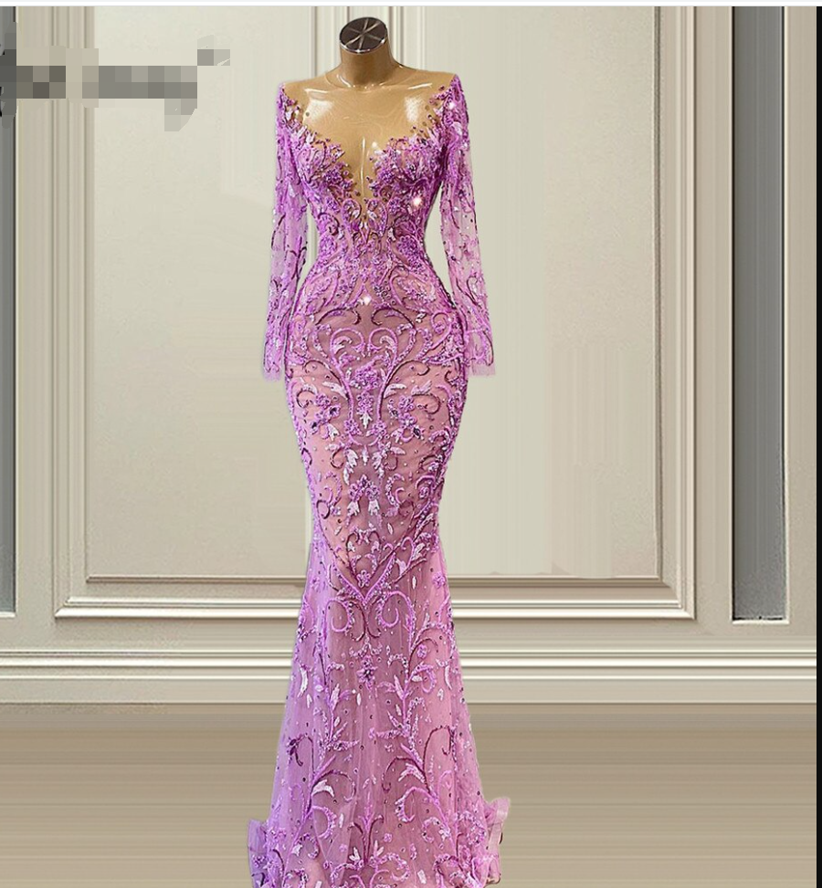 Long Sleeve Women's Evening Dress Purple Mermaid Evening Gowns Handmade Beaded Wedding Evening Dress - View 3 | VelvetHem