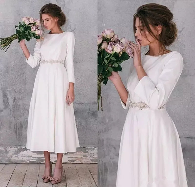 Long Sleeve Simple Satin Wedding Dresses Vintage A Line Tea Length Short Wedding Bridal Gowns Robe De Mariage customized Red