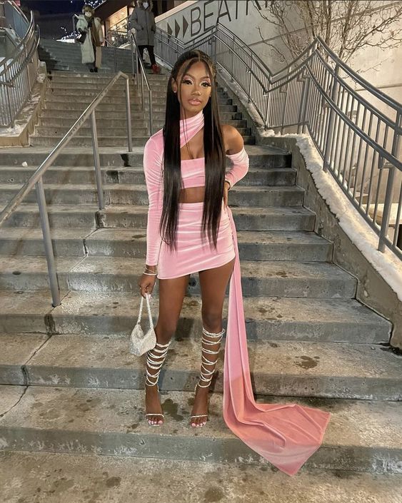 Pink One Shoulder Belt Cut Party Dress Ladies Sexy Long Sleeve Backless Nightclub Dress Elegant Fitness Birthday Dress - View 2 | VelvetHem