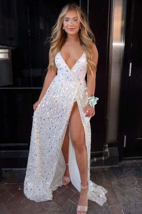 Sexy Deep V-Neck White Sequined Prom Dress - VelvetHem