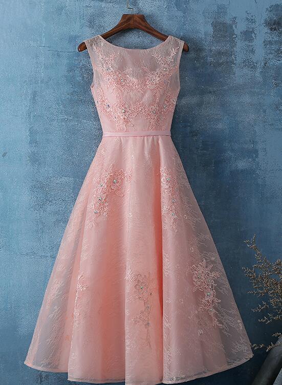 Pink Lace Tea Length Simple Homecoming Dress Teenager Formal Dress cc67 - VelvetHem
