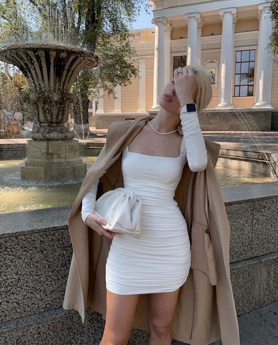 White Long Sleeves Bodycon Party Dress Square Collar Homecoming Dress - VelvetHem
