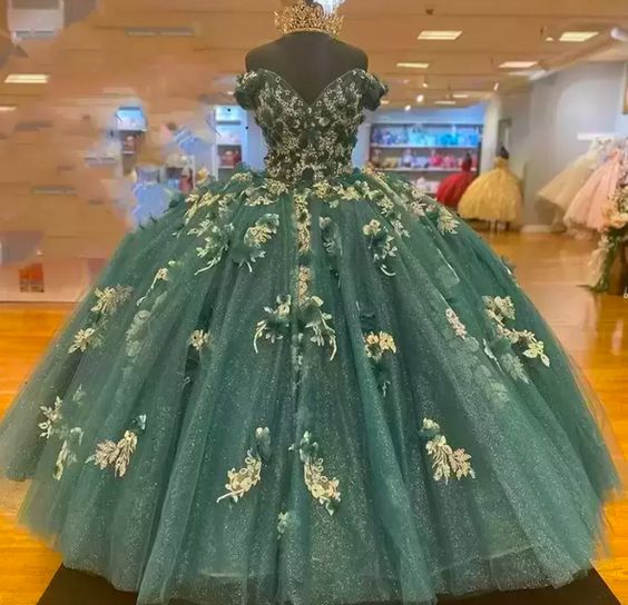 Dark Green Quinceanera Dresses Off the Shoulder Princess Pageant Ball Gown Flowers Beads Sweet 16 Floor Length Corset Back Birthday Party Wear - VelvetHem