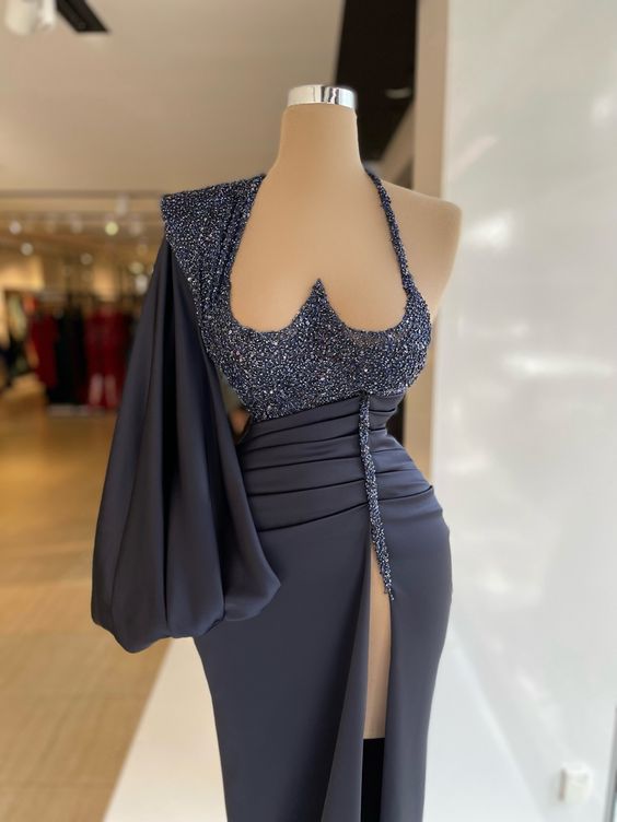 Sexy evening dress high split prom dress unique shape bust puffy sleeves - VelvetHem