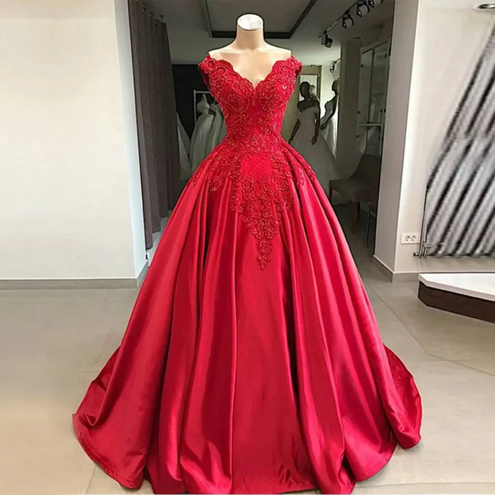 Customized Princess Ball Gown Prom Dress V Neck Red Wedding Party Dress With Beaded Lace Appliques Elegant Satin Evening Gowns