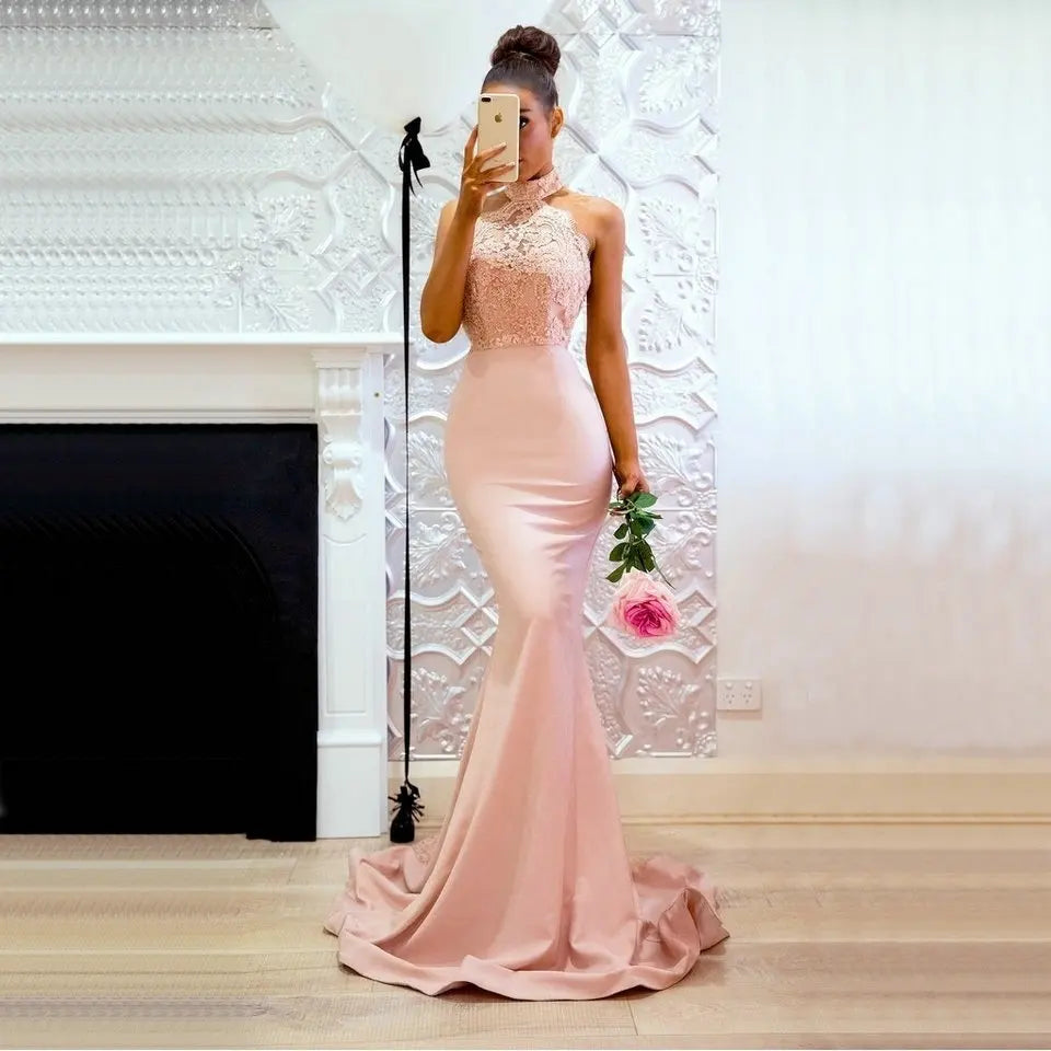 customized Sexy Backless Mermaid Evening Dresses Halter Lace Formal Party Dress Elegant Evening Gown Long robe de soiree - View 7 | VelvetHem