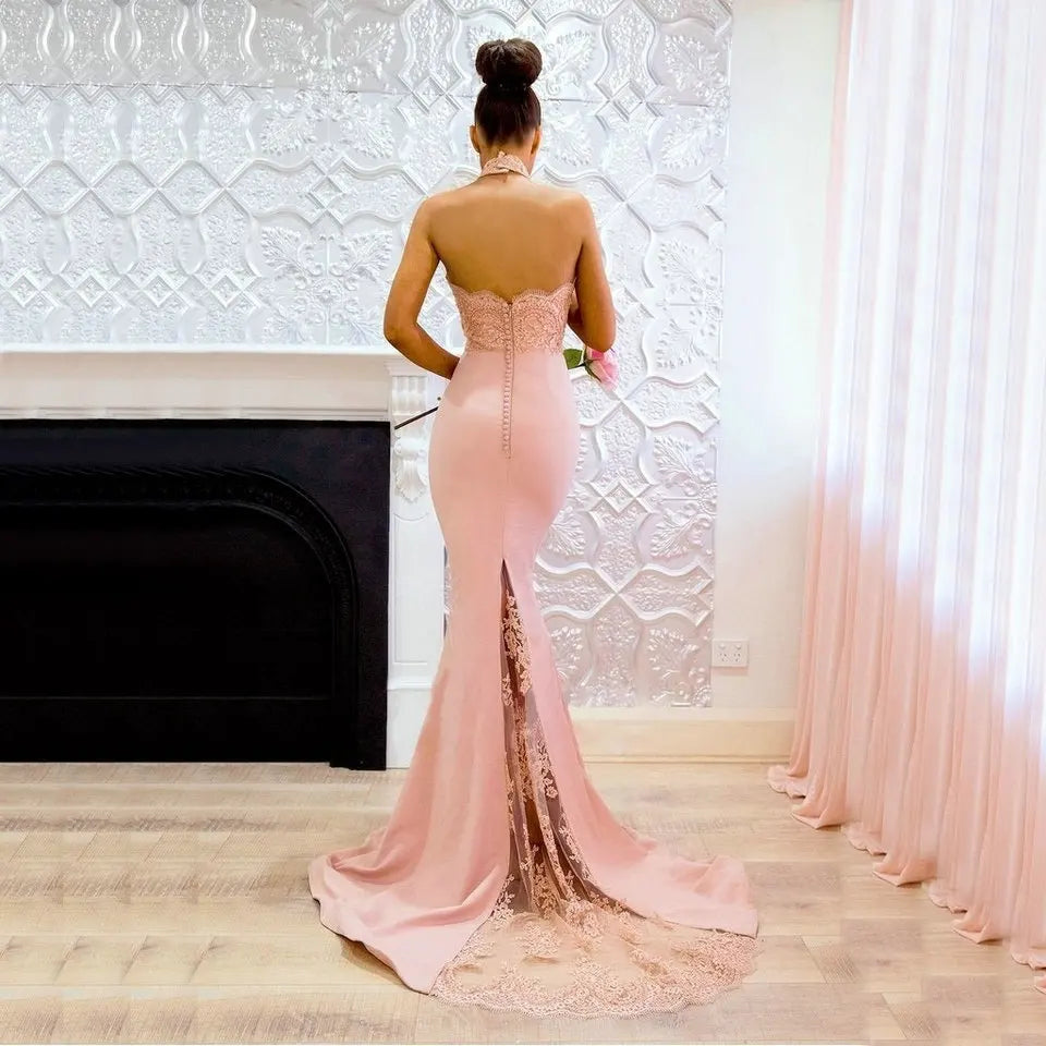 customized Sexy Backless Mermaid Evening Dresses Halter Lace Formal Party Dress Elegant Evening Gown Long robe de soiree - View 2 | VelvetHem