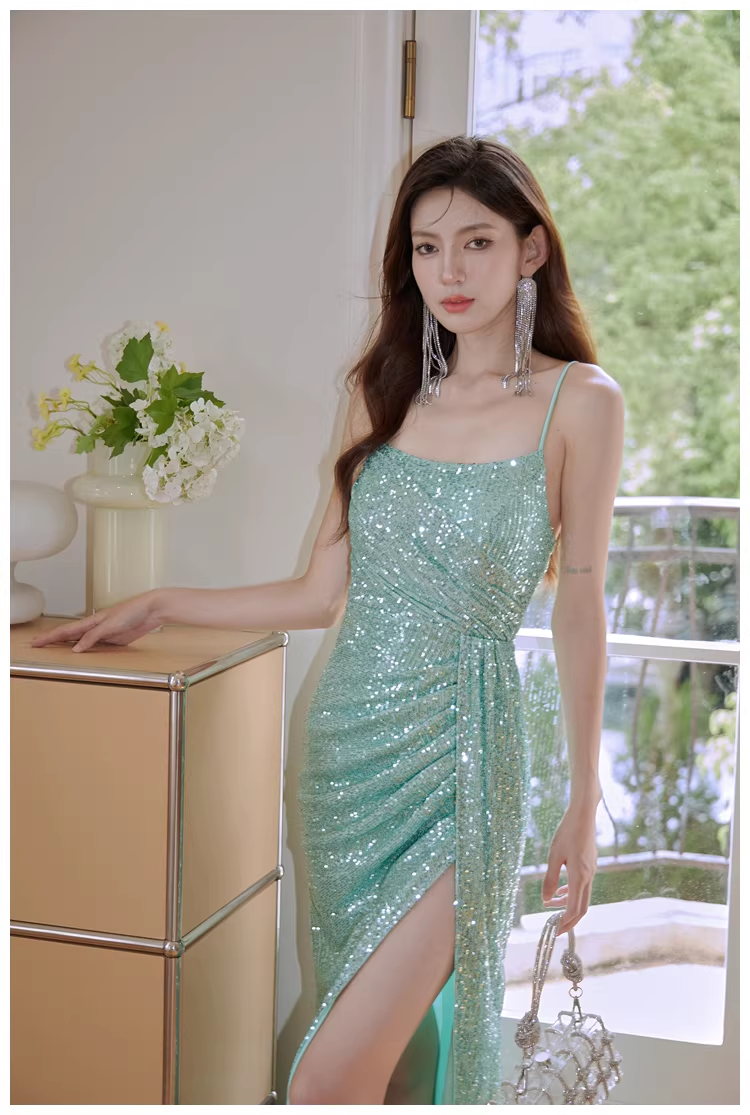 Sparkly Spaghetti Straps Mint Green Sequin Mermaid High Slit Long Prom Dress Evening Dress - View 5 | VelvetHem