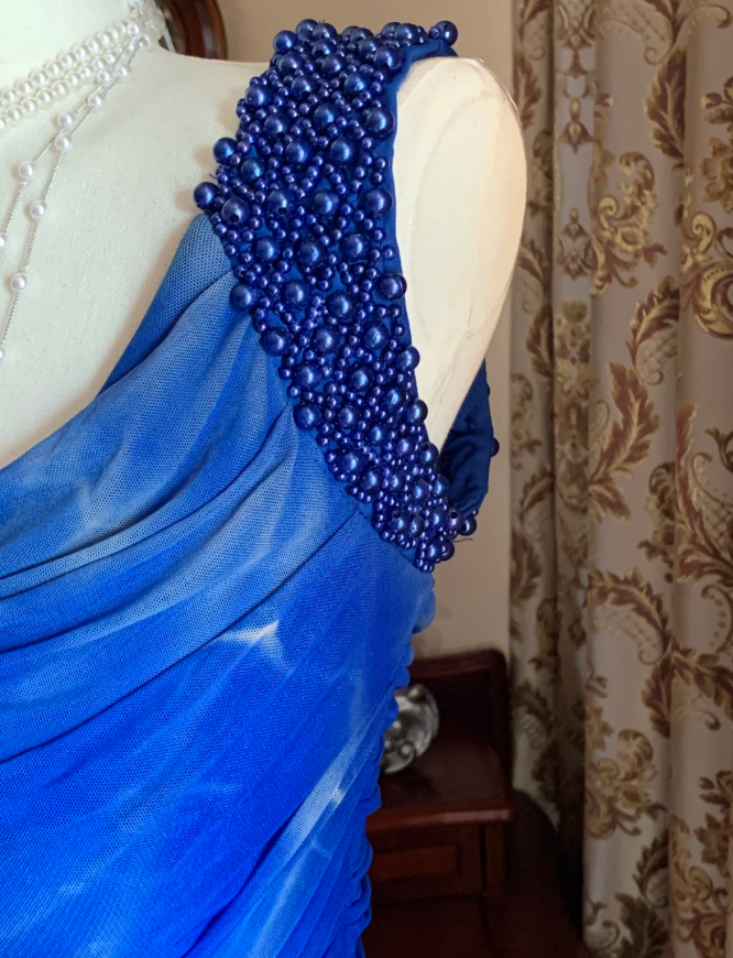 Sexy Royal Blue Tulle Pleated Beaded Mermaid Long Wedding Guest Dress Evening Dress - View 8 | VelvetHem