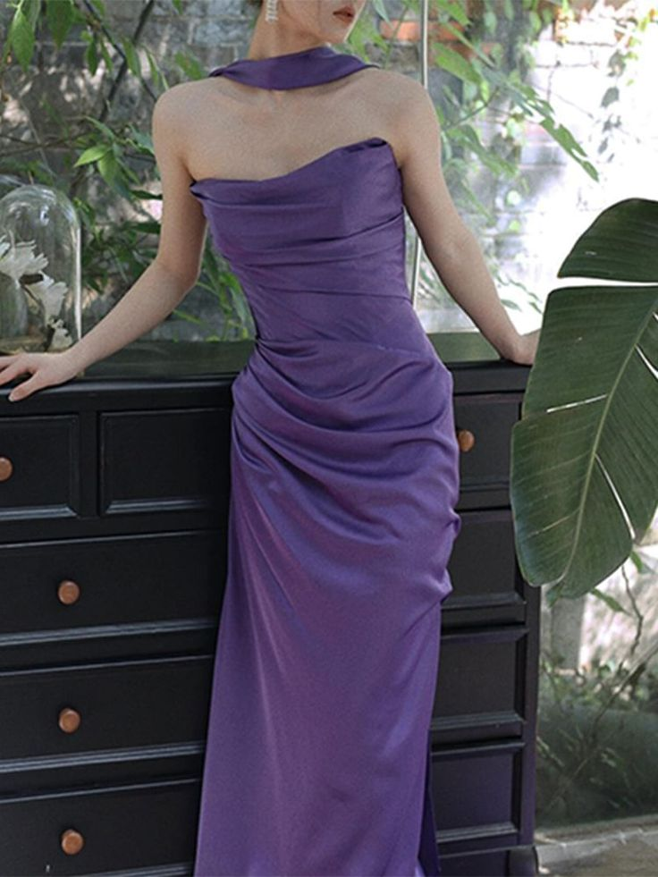 Purple Strapless Ruched Sheath Evening Dress Long Party Gown - VelvetHem