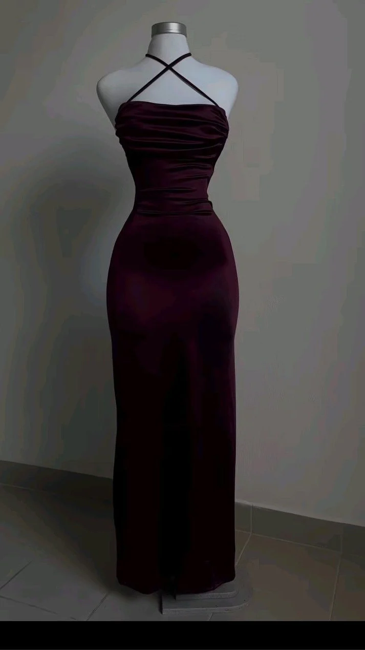 Burgundy Sheath Satin Backless Birthday Dress Prom Dress Evening Dress