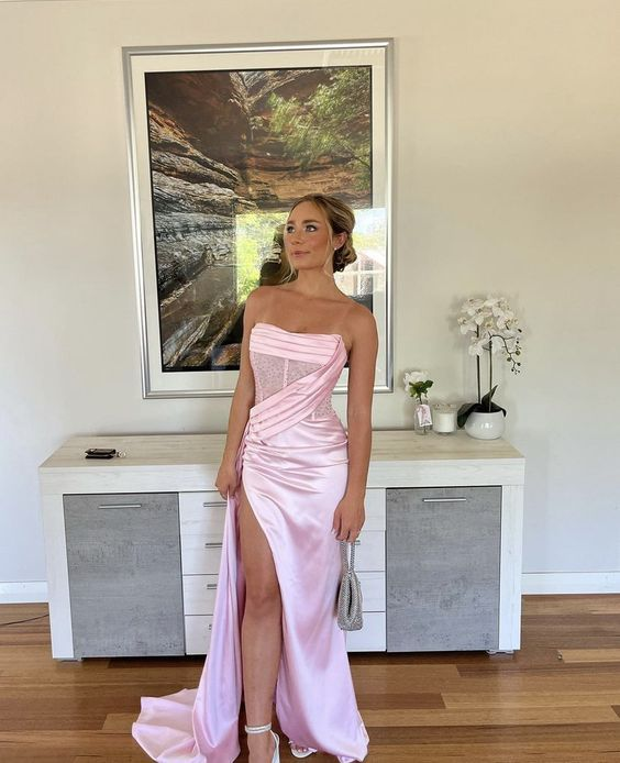 Sexy 17th Birthday Dress Strapless Mermaid Prom Dresses for Black Girls Thigh-High Slits Pleats Beading Birthday Outfits - View 2 | VelvetHem