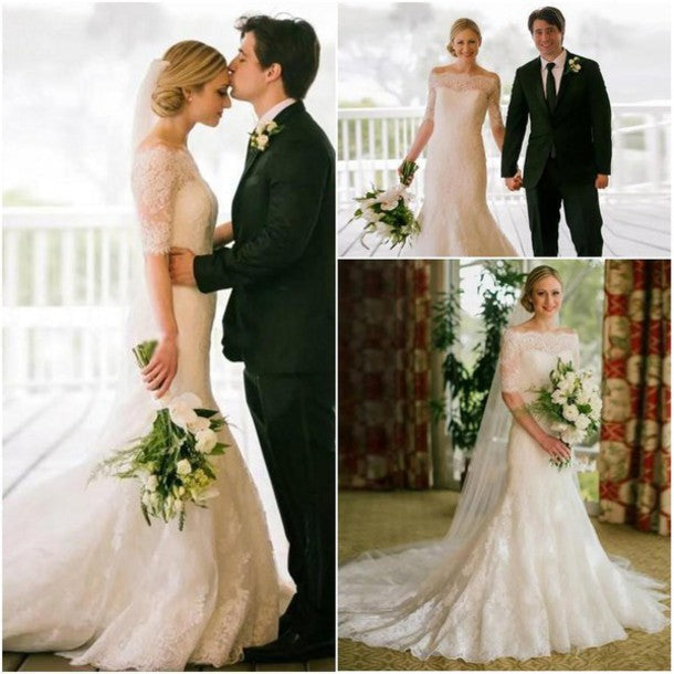 Half Sleeve Bateau Lace Wedding Dress Sheath Court Train  Bridal Gown
