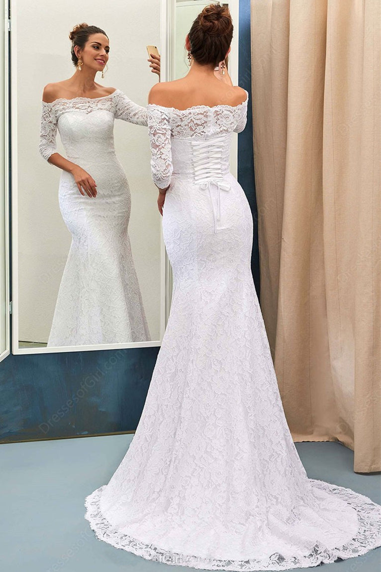 Half Sleeves Bride Dress Lace Simple Sweep Train Off-the-shoulder Lace-up Sheath Column Wedding Dress