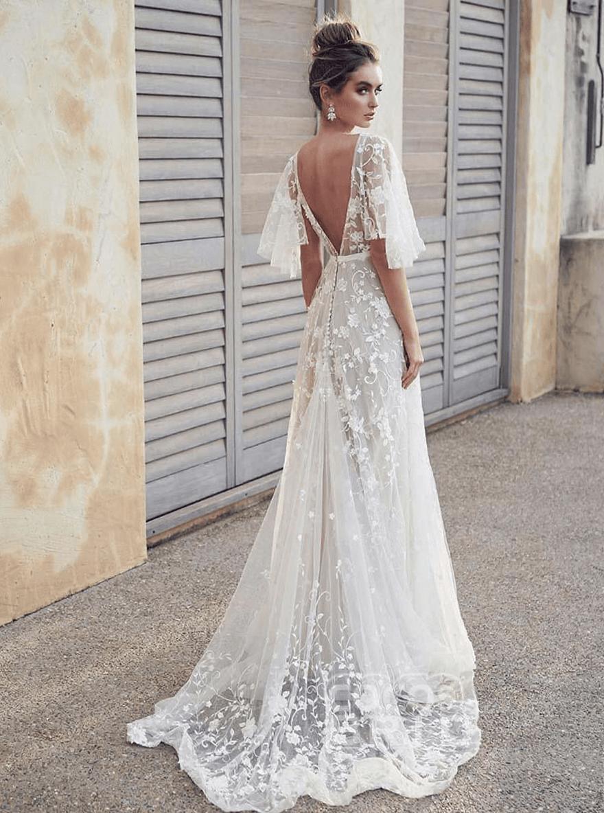 Half Sleeves V Neck Tulle Lace Appliques Backless Beach Wedding Dresses