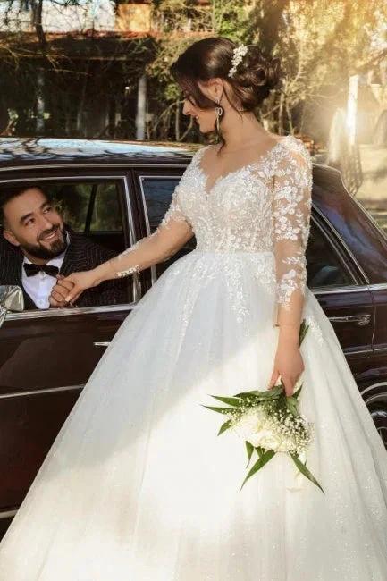 Half sleeves lace V-neck A-line Princess Wedding Dress (ZD15698) - VelvetHem