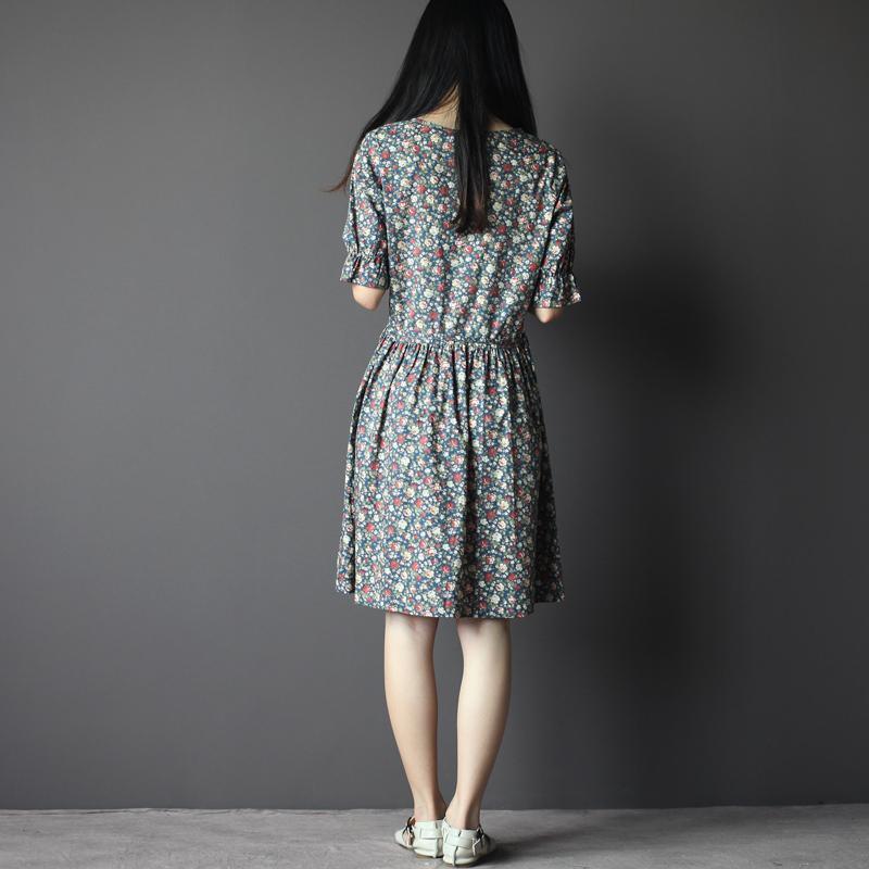 Half sleeve sundress cotton floral fit flares summer dress in Navy