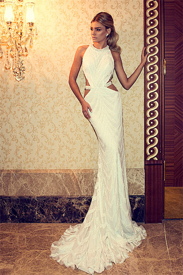 Halter Crystals Beadings Wedding Dresses  Mermaid Sweep Train Open Back Bridal Gowns SZSM236