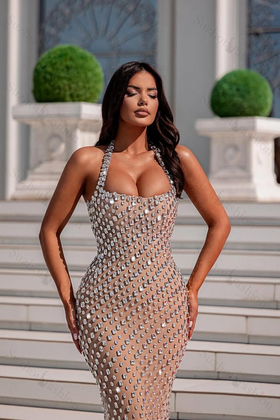 Halter Neck Beaded Prom Dress Mermaid Sleeveless Formal Dress