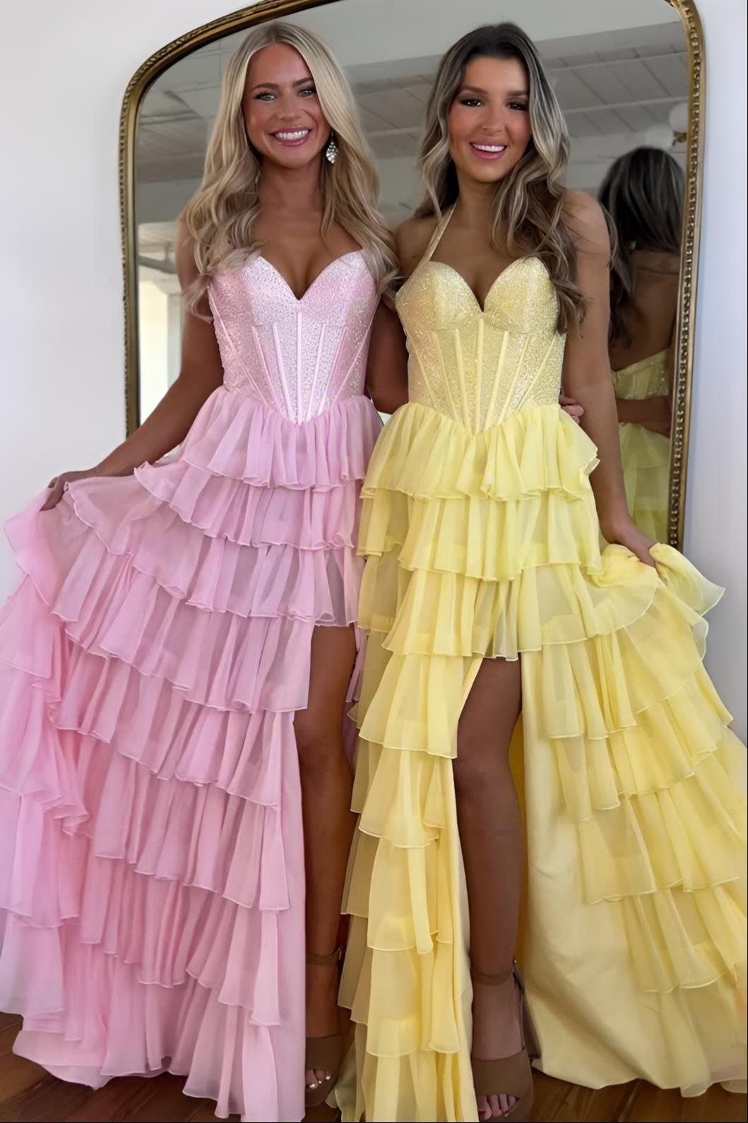 Suzhoufashion Halter Neck Beaded Top Corset Ruffle Prom Dress With Flowing Skirt And Slit Formal Evening Gown