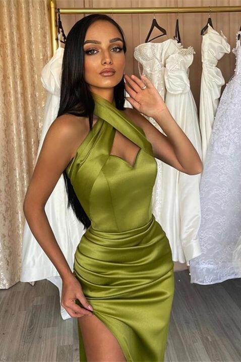 Halter Neck Green Prom Dress Sleeveless Mermaid Evening Formal Dress With Split