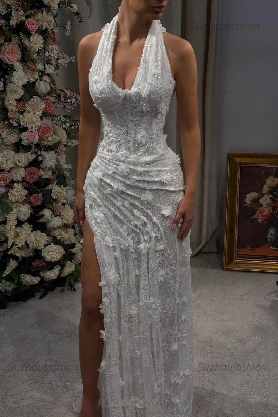 Halter Neck Grey Green Prom Dress Lace Appliqued Formal Dress with 3D Flowers