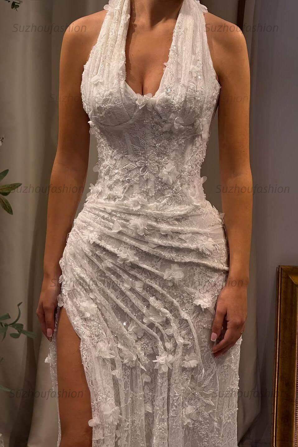 Halter Neck Grey Green Prom Dress Lace Appliqued Formal Dress with 3D Flowers