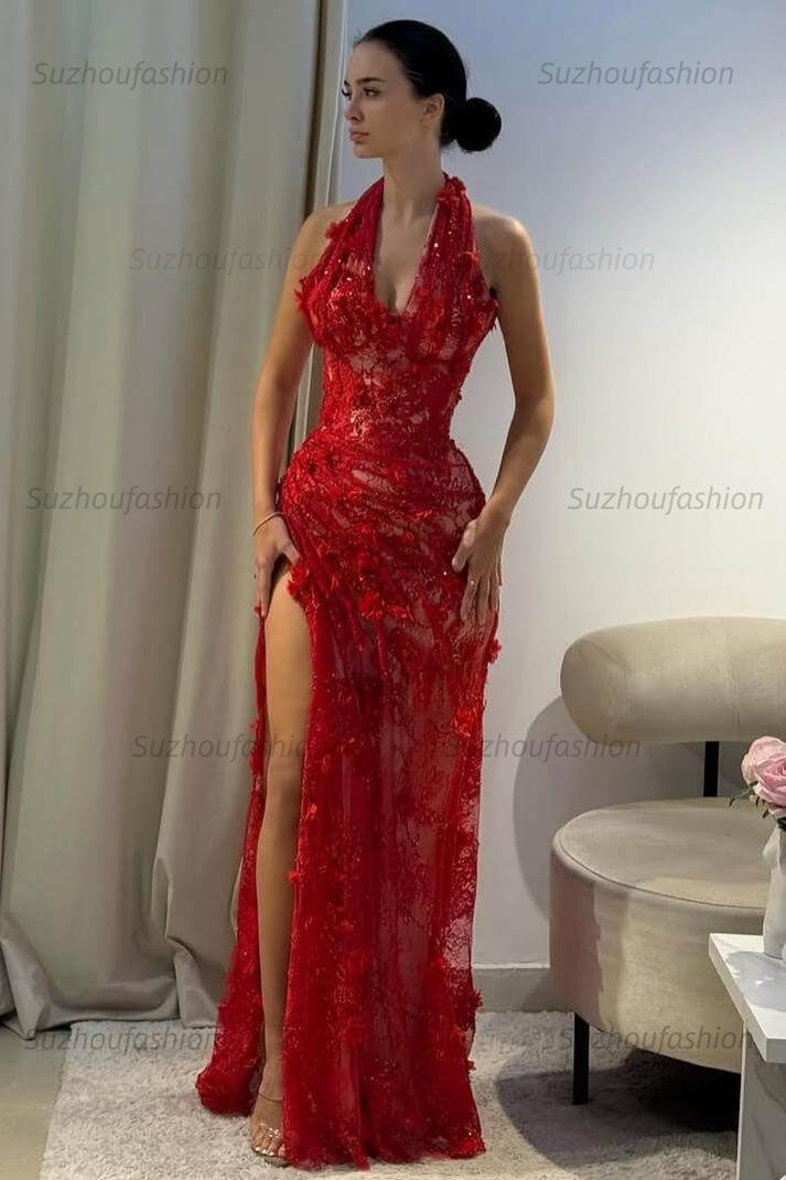 Halter Neck Grey Green Prom Dress Lace Appliqued Formal Dress with 3D Flowers