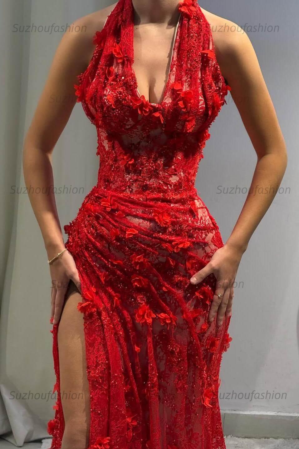 Halter Neck Grey Green Prom Dress Lace Appliqued Formal Dress with 3D Flowers