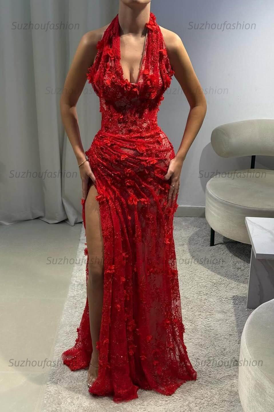 Halter Neck Grey Green Prom Dress Lace Appliqued Formal Dress with 3D Flowers