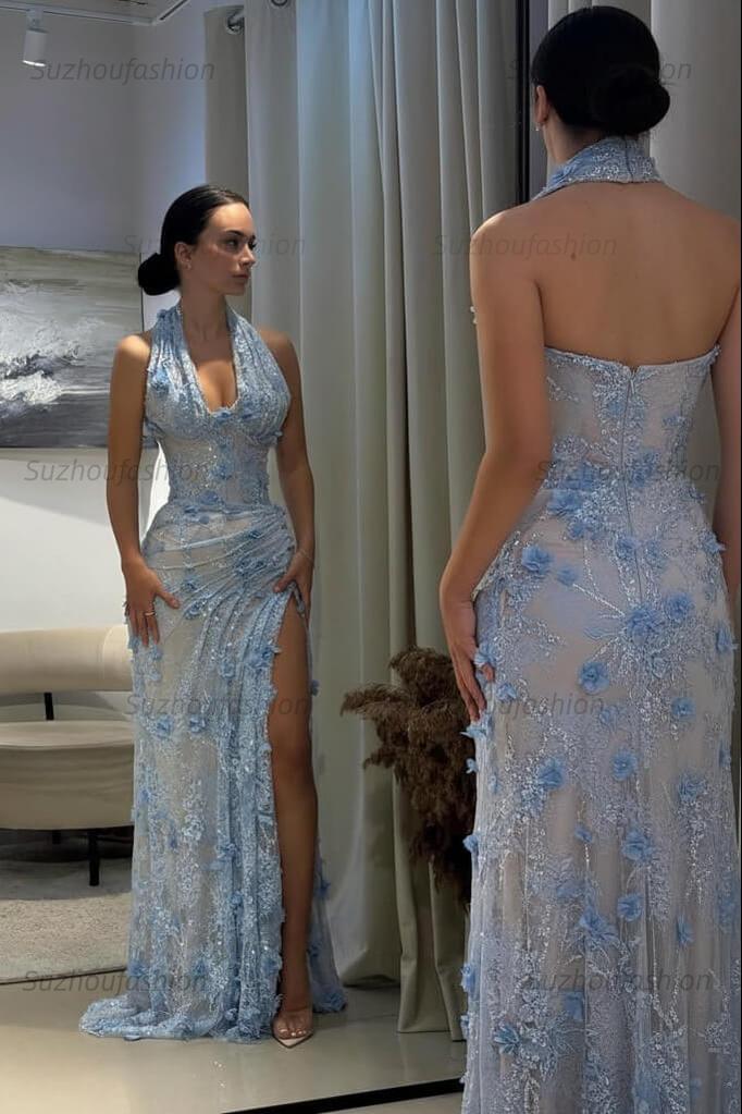 Halter Neck Grey Green Prom Dress Lace Appliqued Formal Dress with 3D Flowers