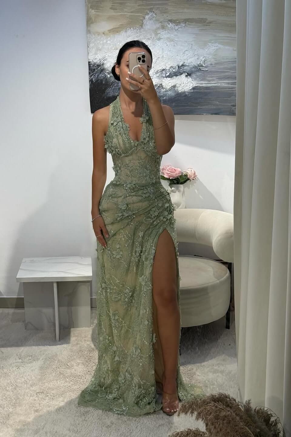 Halter Neck Grey Green Prom Dress Lace Appliqued Formal Dress with 3D Flowers