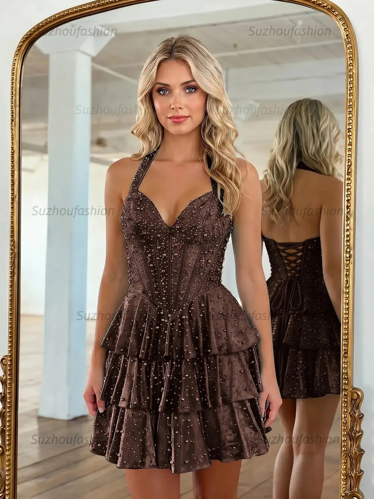 Suzhoufashion Halter Neck Pearl Beaded Tiered Short Homecoming Dresses