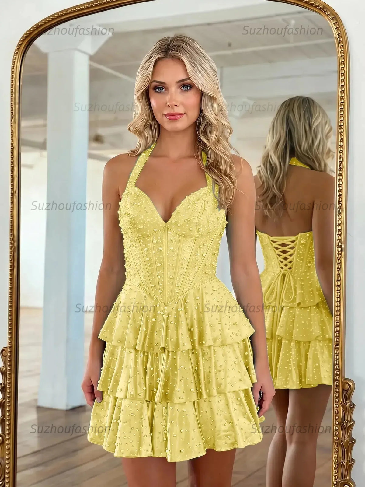 Suzhoufashion Halter Neck Pearl Beaded Tiered Short Homecoming Dresses