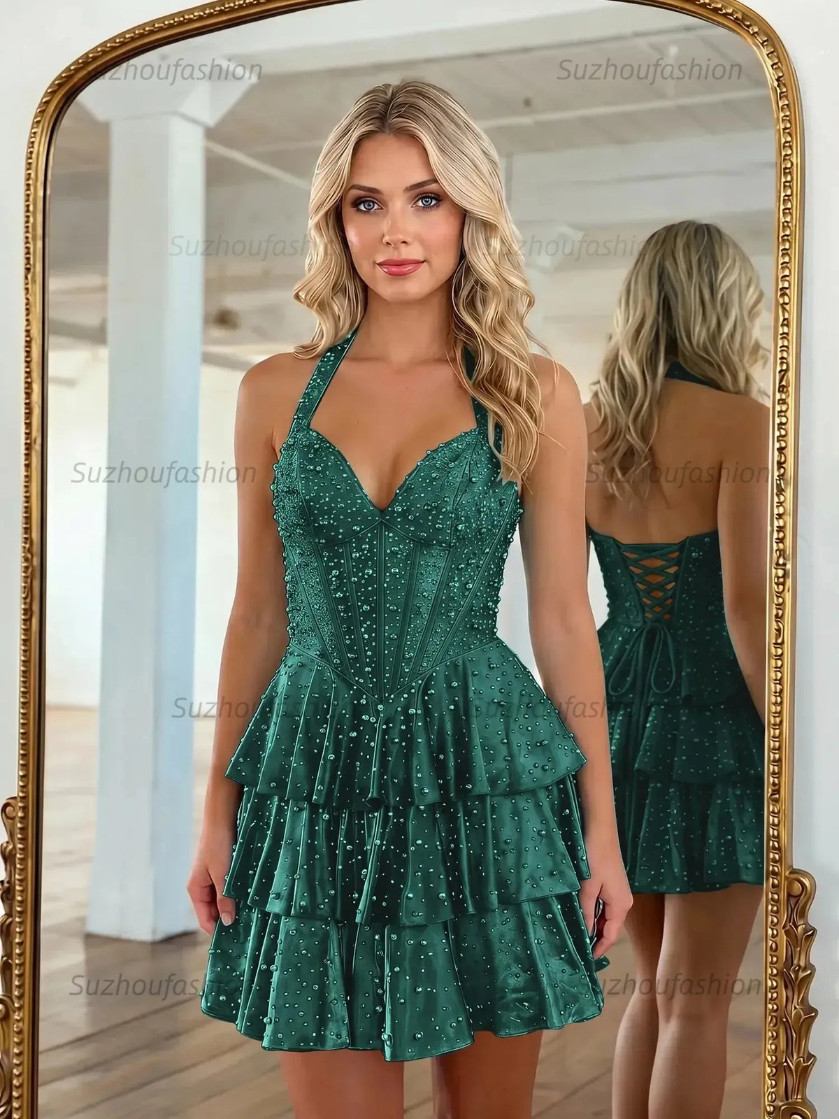 Suzhoufashion Halter Neck Pearl Beaded Tiered Short Homecoming Dresses