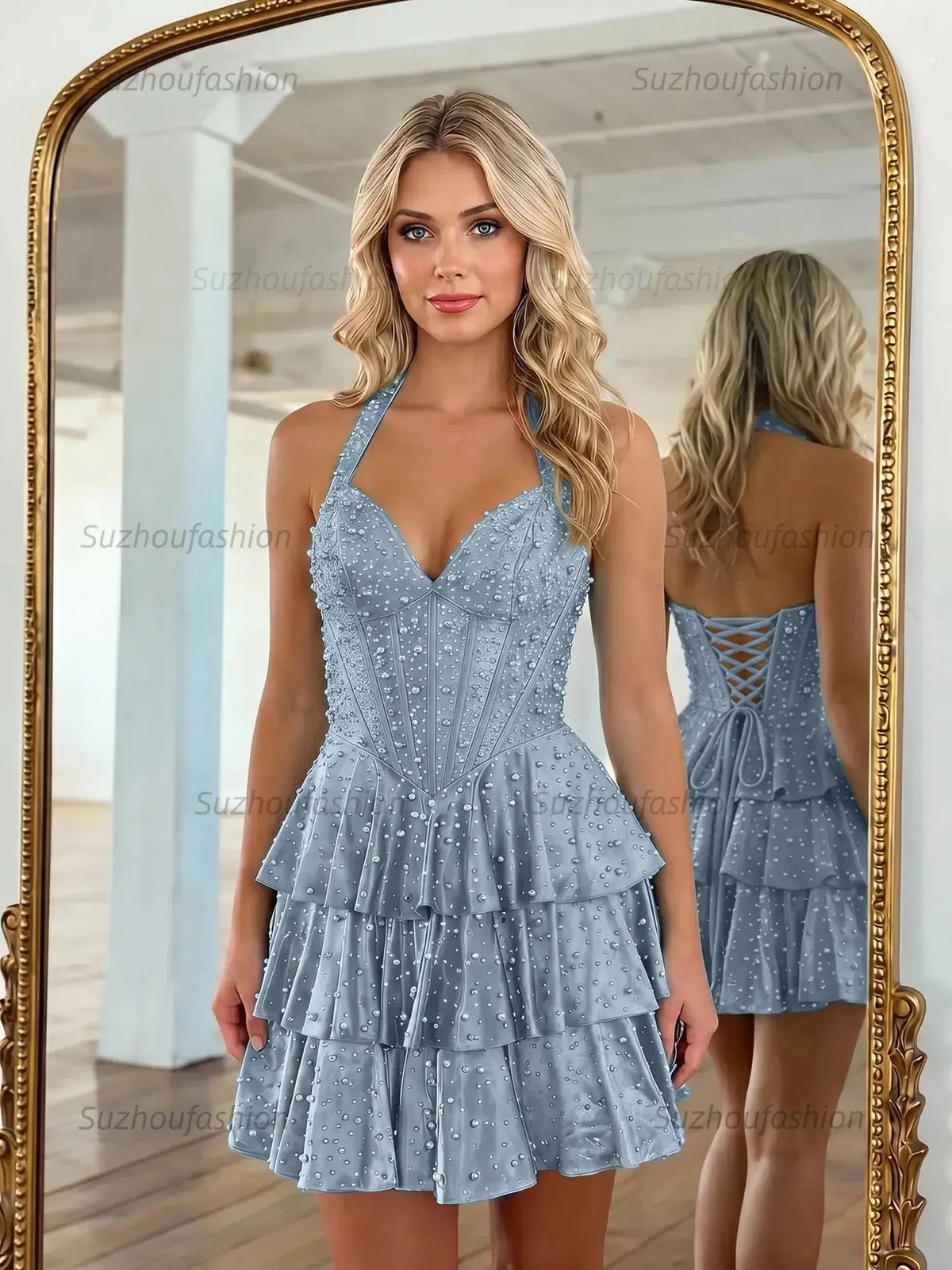 Suzhoufashion Halter Neck Pearl Beaded Tiered Short Homecoming Dresses