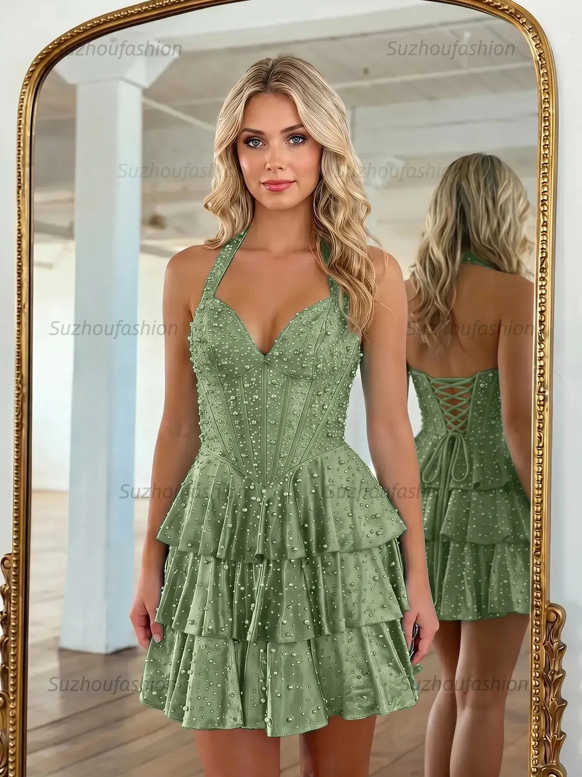 Suzhoufashion Halter Neck Pearl Beaded Tiered Short Homecoming Dresses