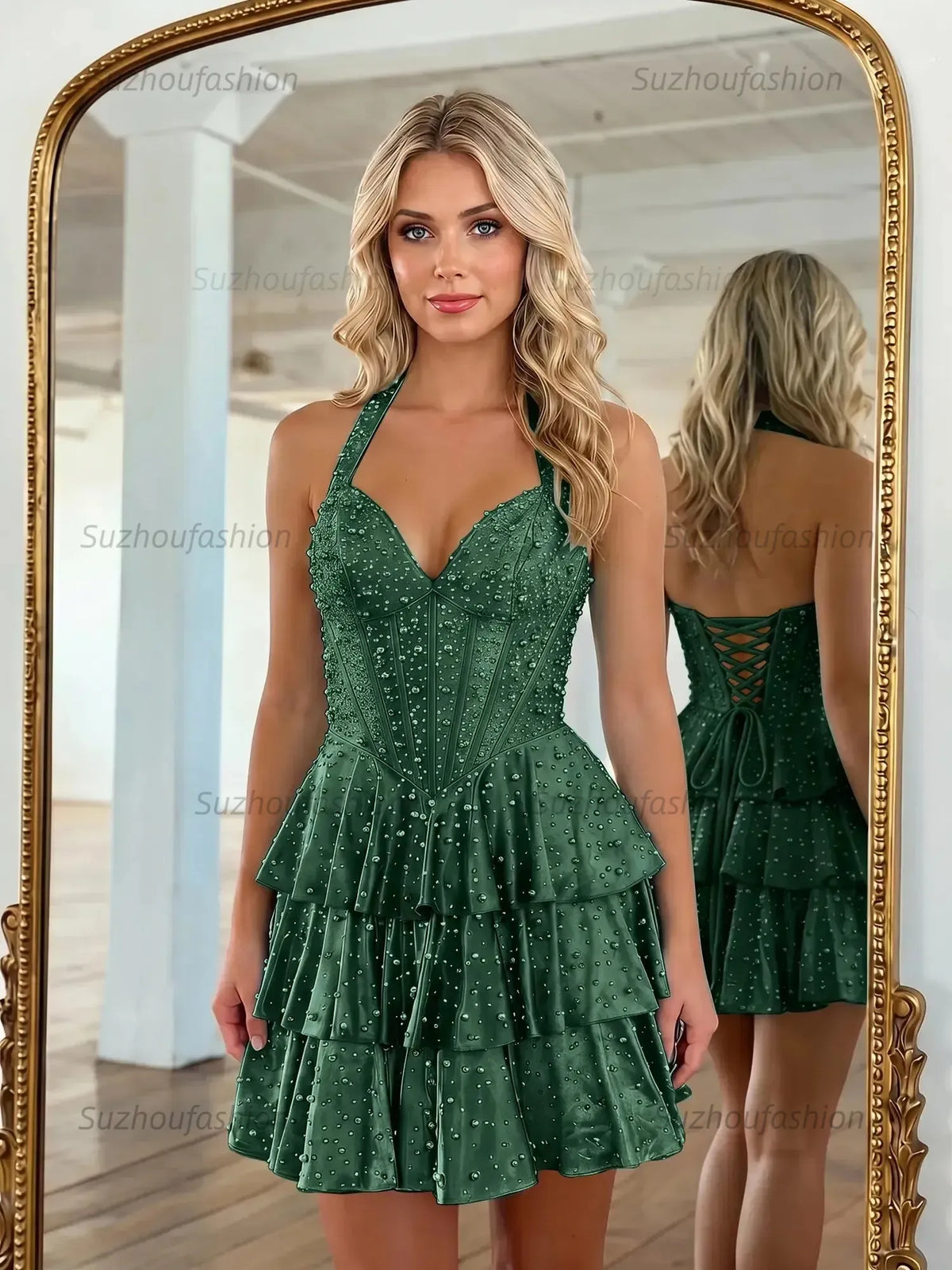 Suzhoufashion Halter Neck Pearl Beaded Tiered Short Homecoming Dresses