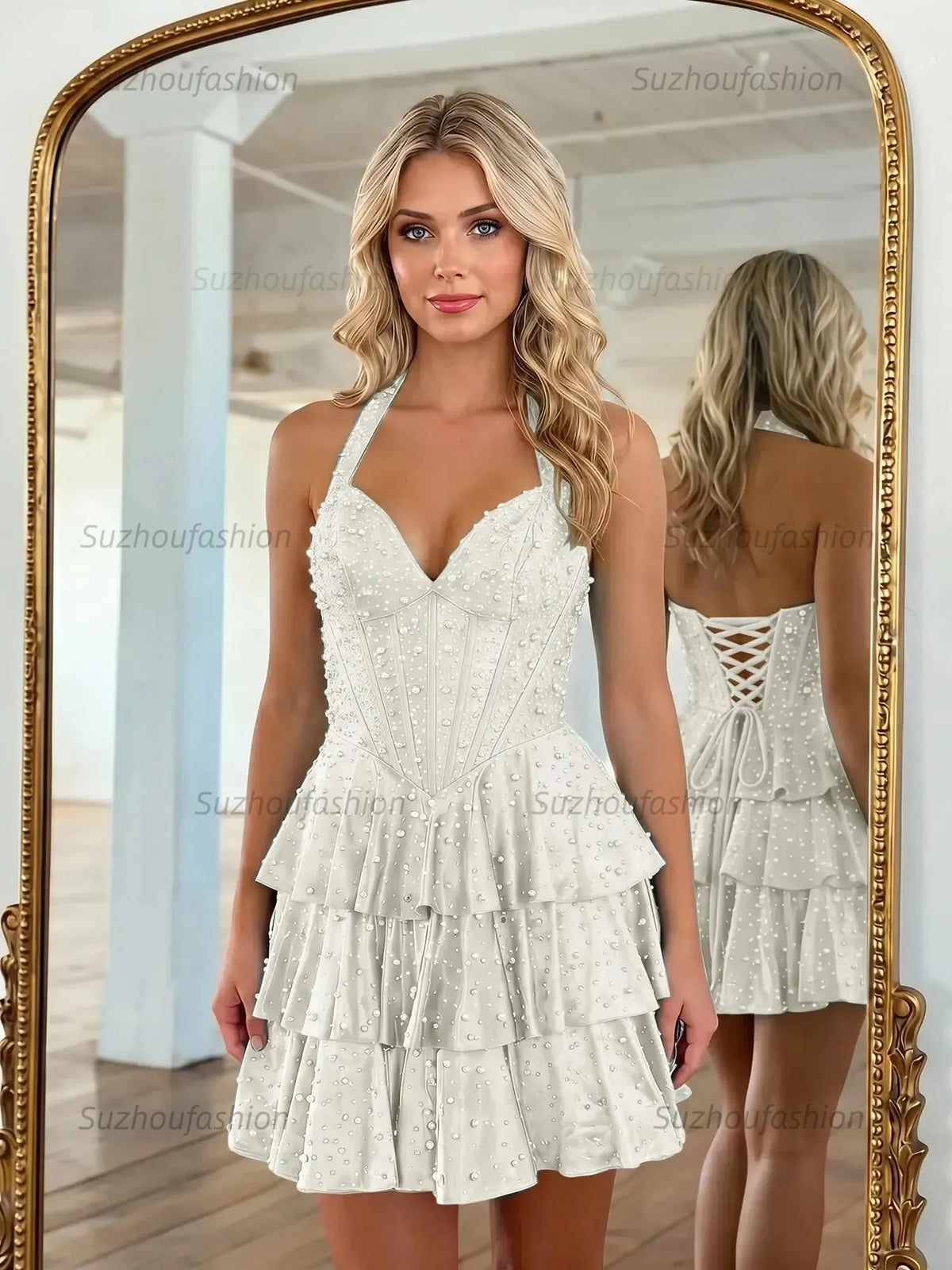 Suzhoufashion Halter Neck Pearl Beaded Tiered Short Homecoming Dresses