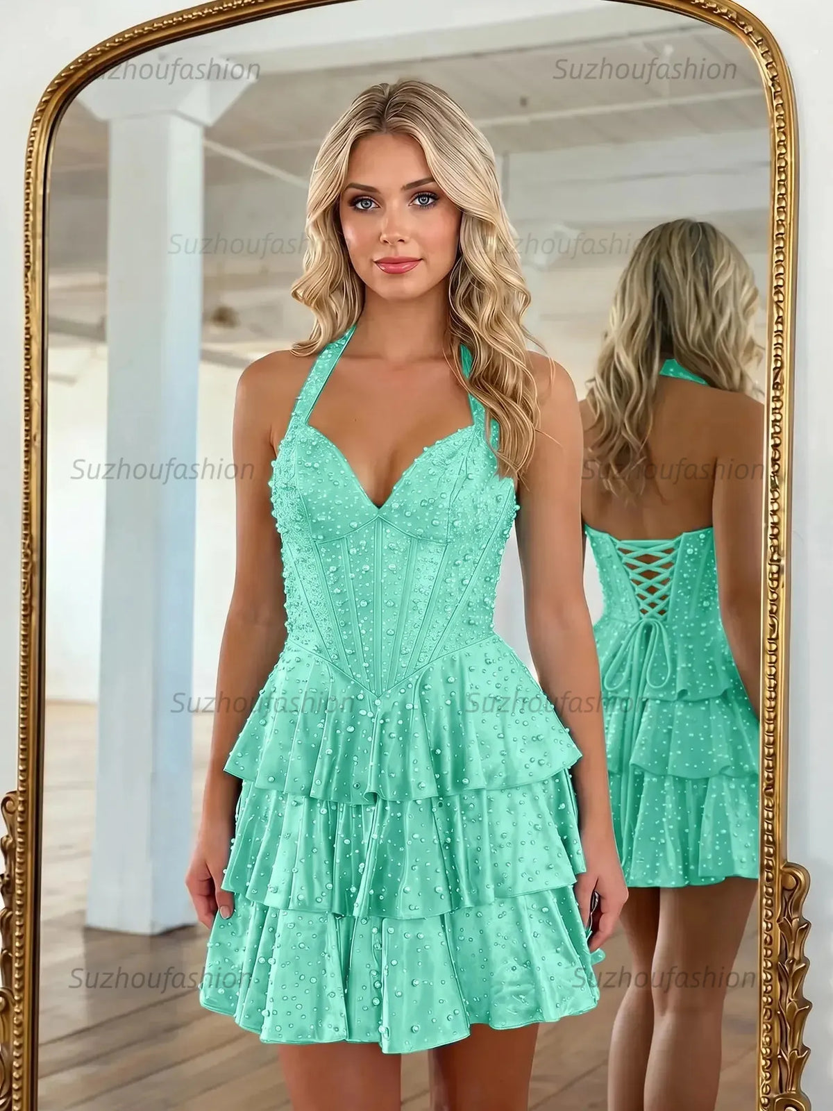 Suzhoufashion Halter Neck Pearl Beaded Tiered Short Homecoming Dresses