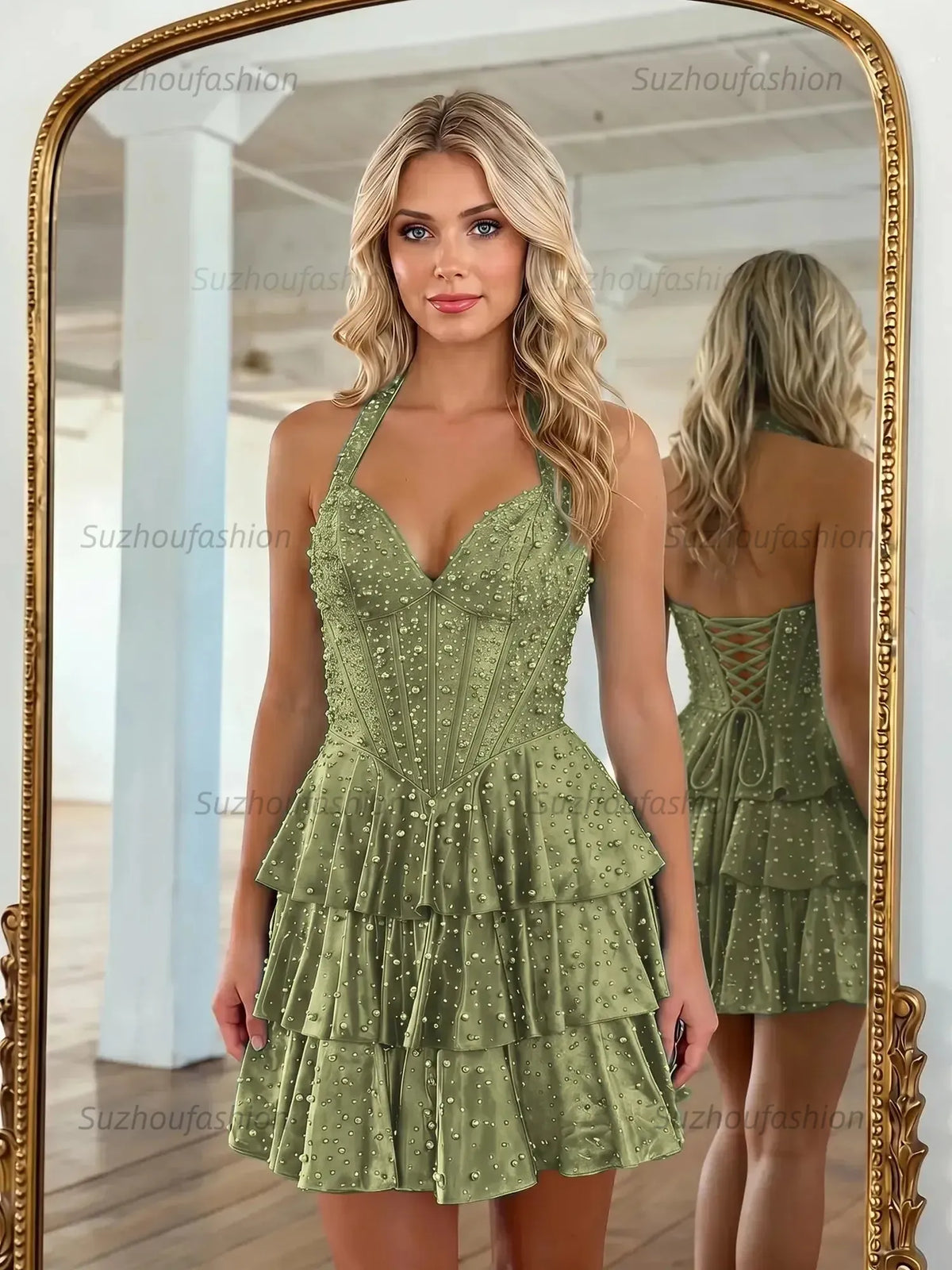 Suzhoufashion Halter Neck Pearl Beaded Tiered Short Homecoming Dresses